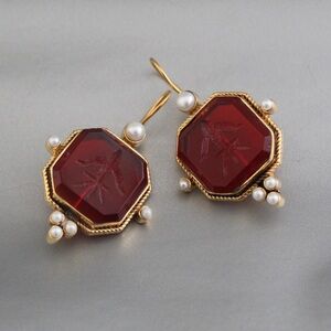 Anthropologie Gold and Red Earrings with Pearl Accents